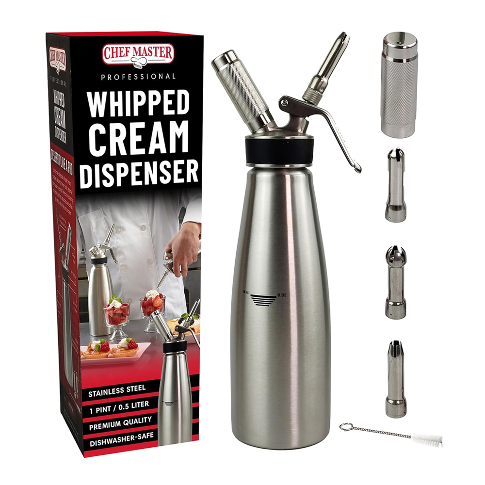 Stainless steel whipped cream dispensers next to a freshly made iced cream drink
